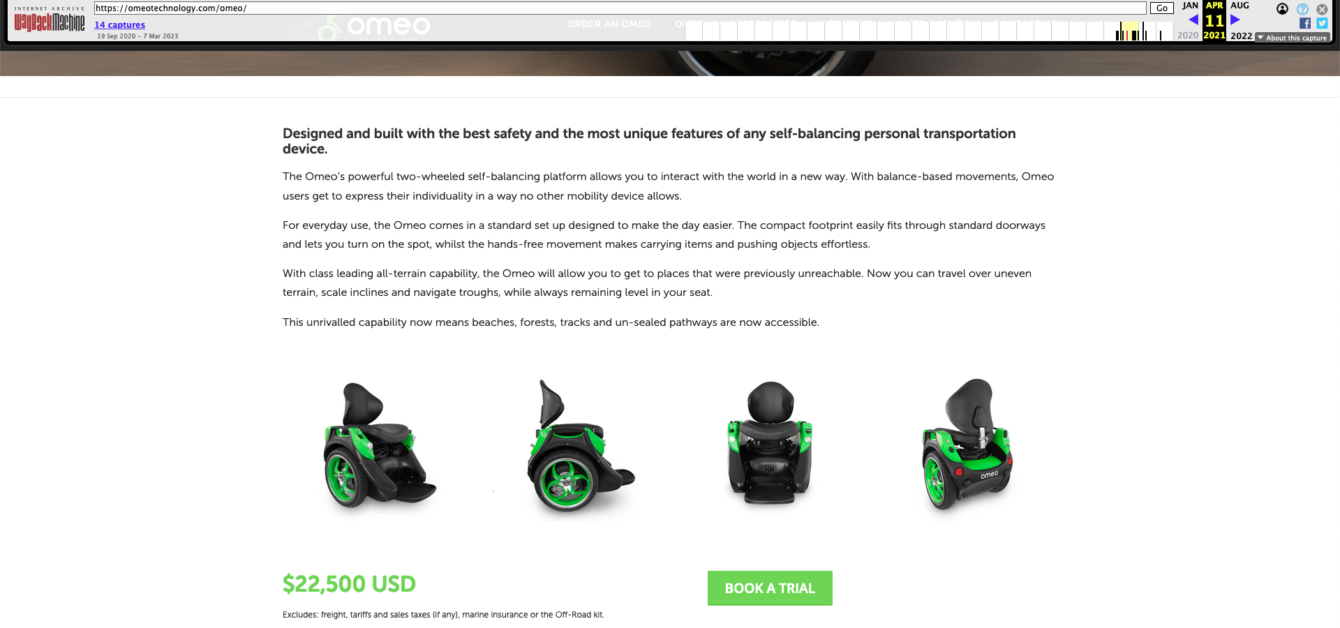 A screenshot of the Omeo Technology website showing the price listed as $19,950 USD