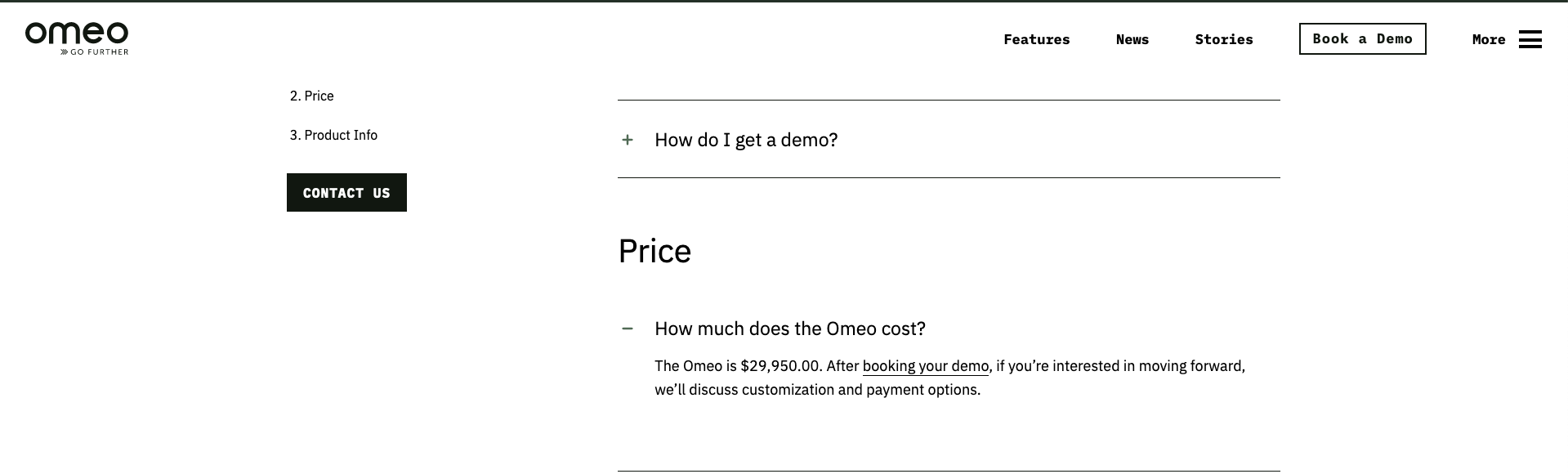 A screenshot of the MyOmeo website showing the price listed as $29,950.00 USD