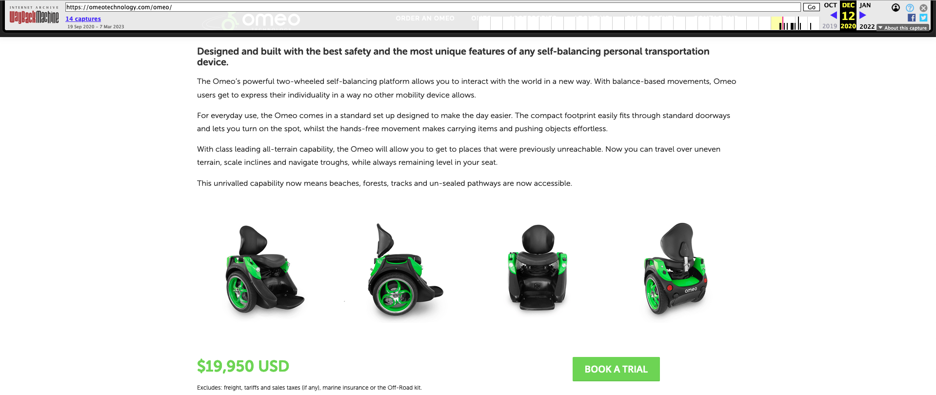 A screenshot of the Omeo Technology website showing the price listed as $19,950 USD