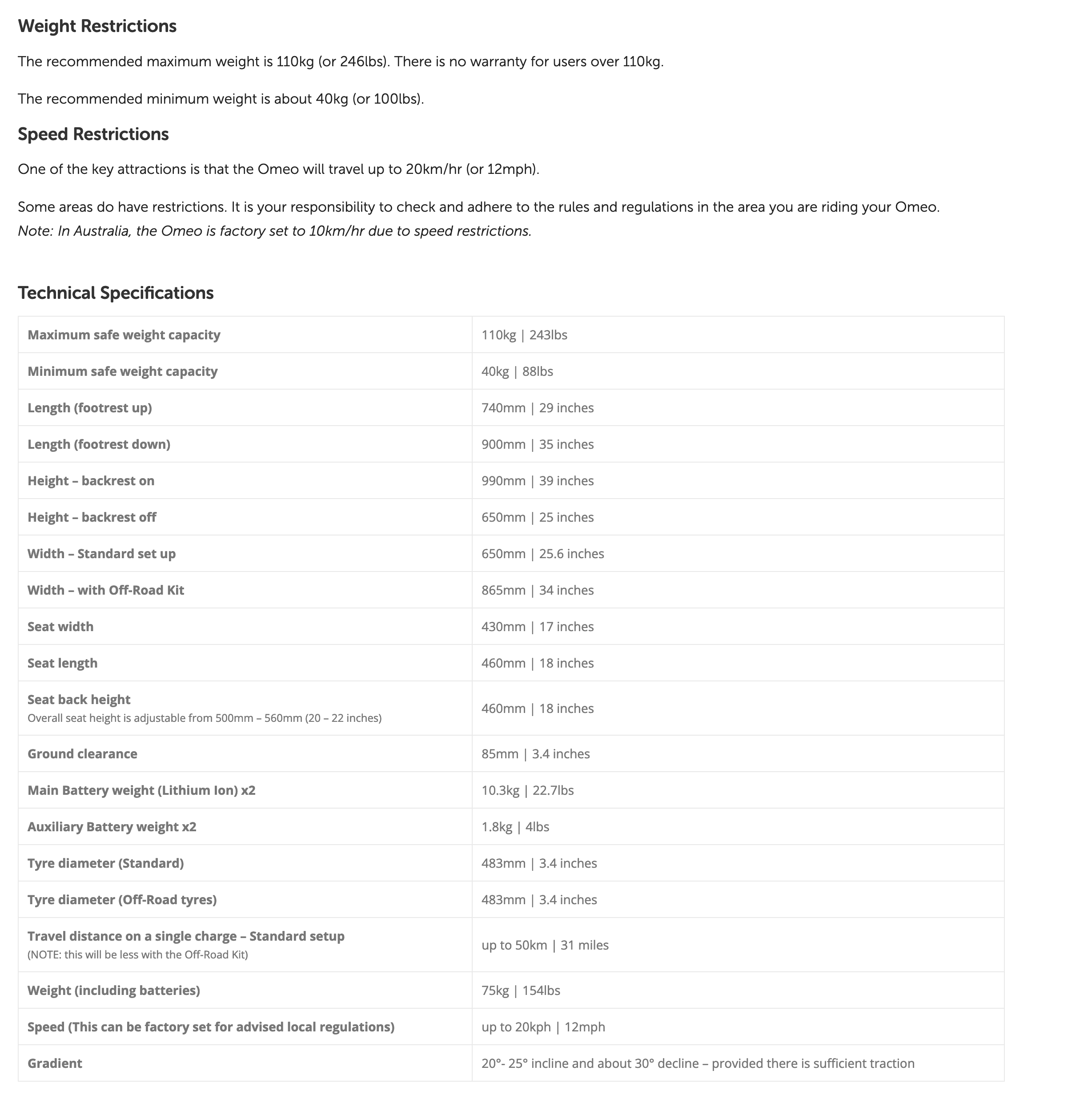 A screenshot of the omeotechnology.com website showing the technical specifications of the product. There is far more detailed information compared to the US site.