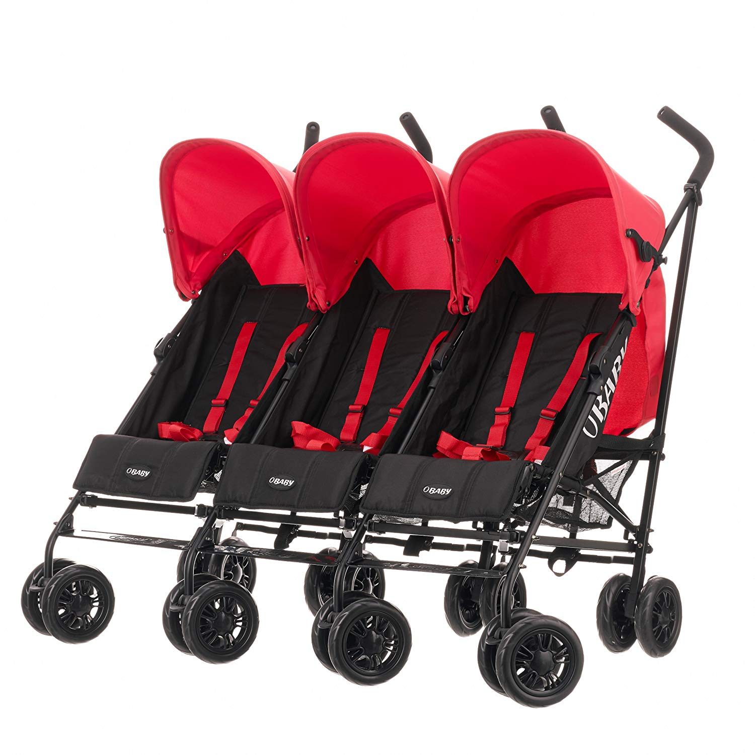  Image of a baby pram / stroller designed to hold three children side‐by‐side.