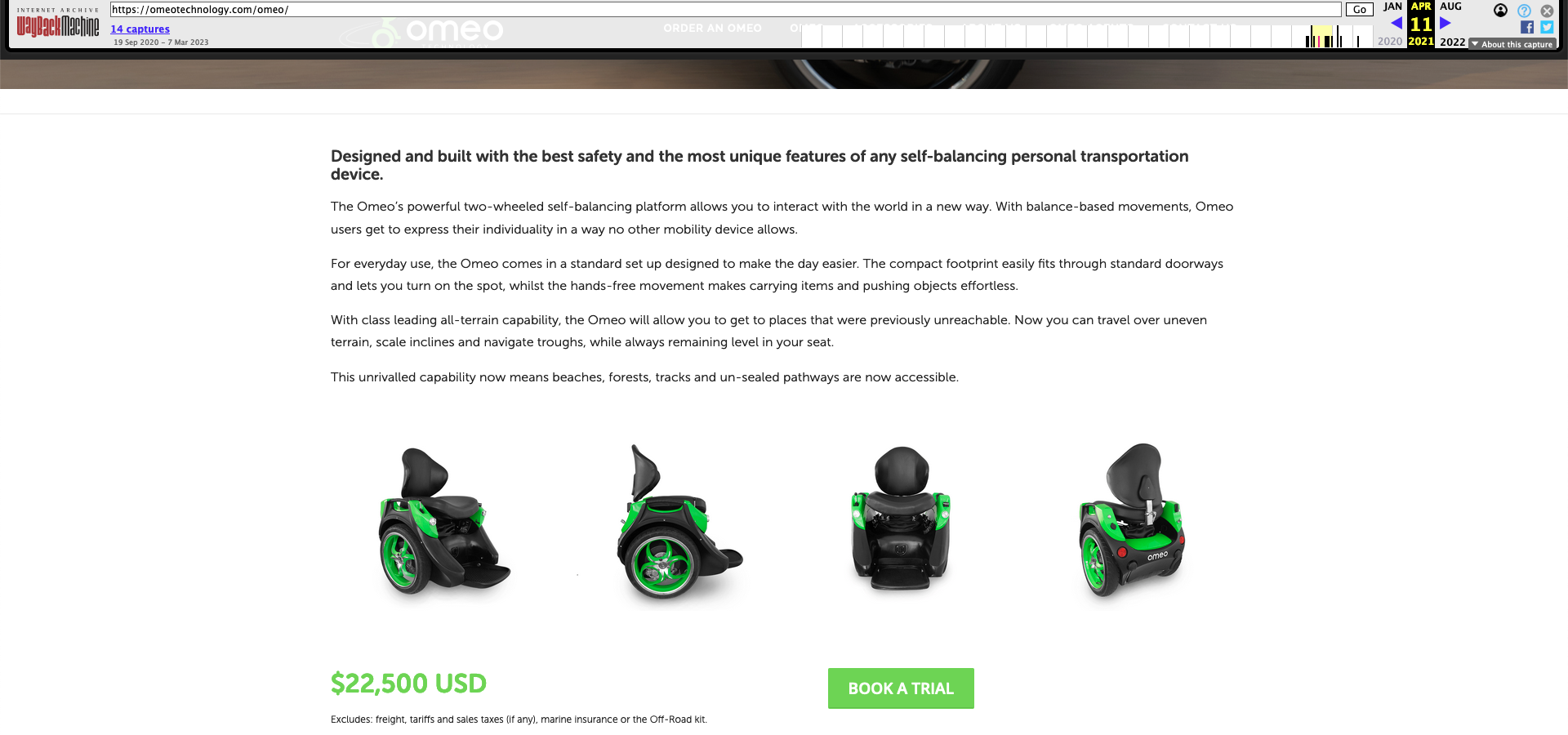 Screenshot of the Omeo Technology site showing the $22,500 price