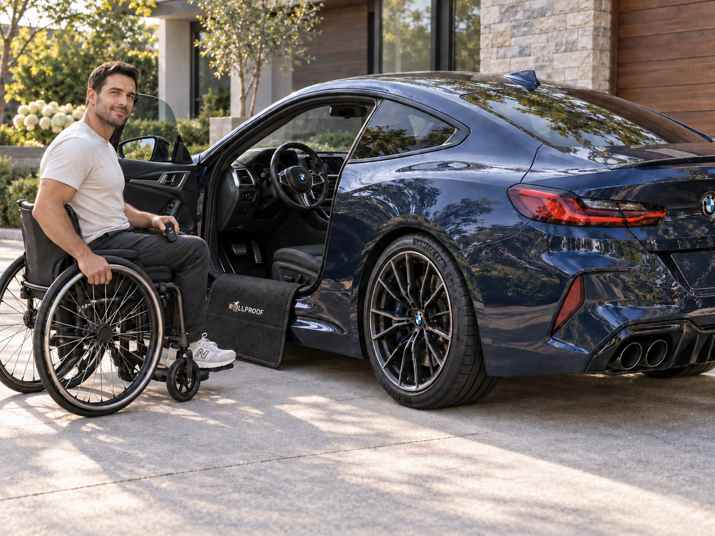 A smiling man in a manual wheelchair holds a key fob beside the open driver's door of a navy BMW coupe. A black Rollproof mat hangs over the door sill.