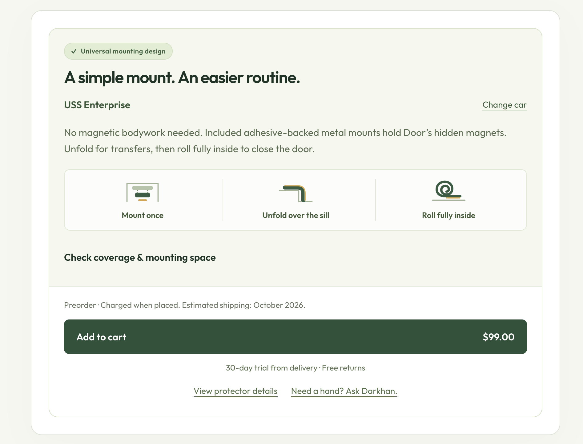 Screenshot of Rollproof&rsquo;s fit checker with &ldquo;USS Enterprise&rdquo; entered as the car. It returns &ldquo;Universal mounting design. A simple mount. An easier routine.&rdquo; Below that: &ldquo;Preorder. Charged when placed. Estimated shipping: October 2026,&rdquo; and an &ldquo;Add to cart, $99.00&rdquo; button.