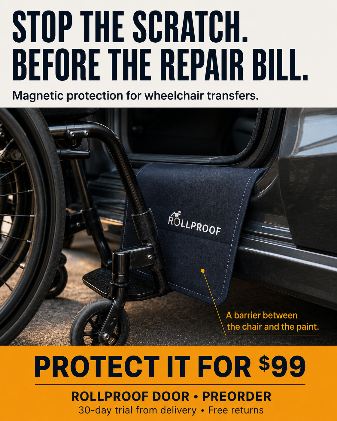 A Rollproof ad captioned &ldquo;Stop the scratch. Before the repair bill.&rdquo; An empty manual wheelchair sits against a mat on a dark gray car&rsquo;s door sill. In the logo above the &ldquo;O&rdquo; in &ldquo;ROLLPROOF,&rdquo; the wheelchair user&rsquo;s arms are a mangled, disconnected smear.