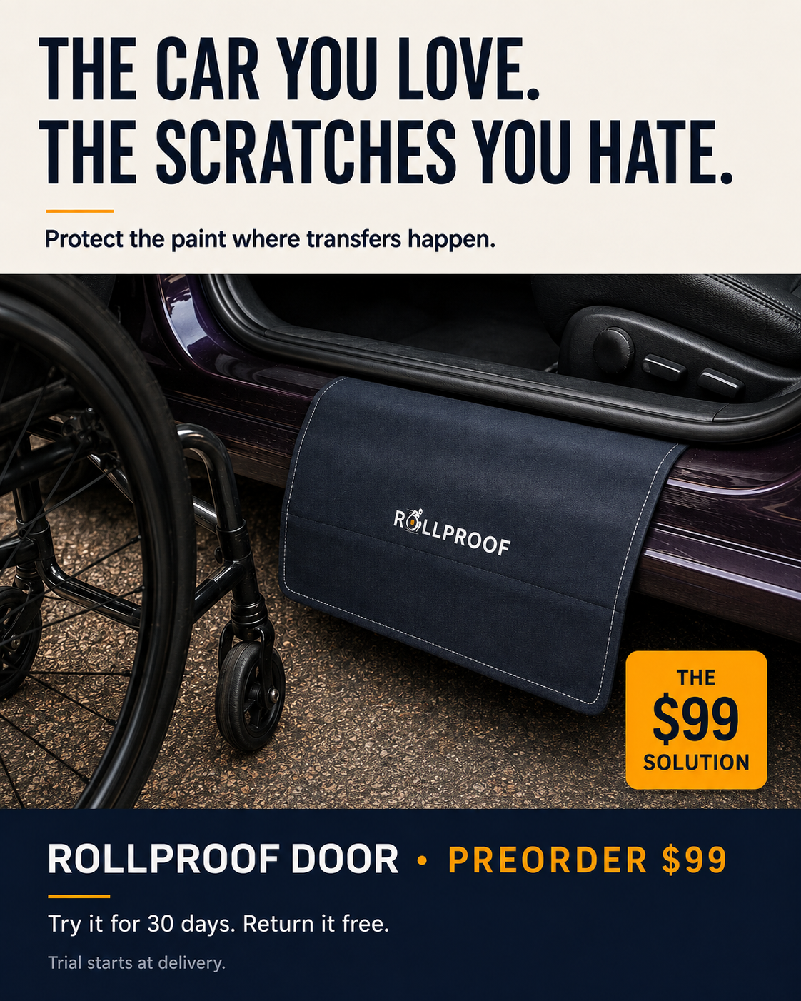 A Rollproof ad captioned &ldquo;The car you love. The scratches you hate.&rdquo; A mat hangs over the sill of a dark purple car next to an empty manual wheelchair, with a &ldquo;$99 solution&rdquo; badge. The logo figure&rsquo;s arms are mangled here too.
