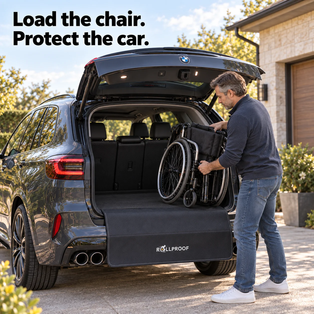 A Rollproof ad captioned &ldquo;Load the chair. Protect the car.&rdquo; A standing man lifts a folded manual wheelchair into the open hatch of a gray BMW SUV, over a mat draped across the rear bumper. The chair&rsquo;s wheels, frame, and seat are knotted together at impossible angles, and it&rsquo;s unclear what his hands are gripping.